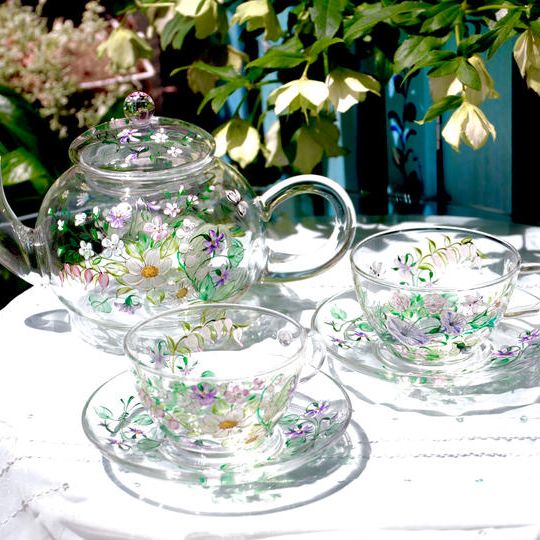 【看板作品！】耐熱ティーカップ＆ソーサーペアとジャンピングポットLセット