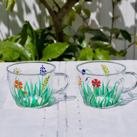 【定番作品がCreemaに登場！】耐熱ガラスちょっと大きめペアカップ。“ドイツの草花”デザインでブラッシュアップ。