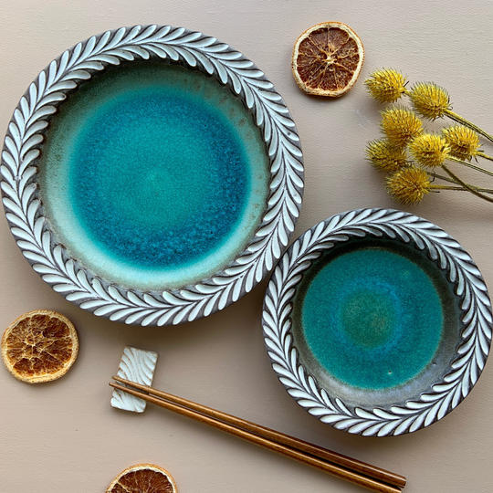 ロリエ リムプレート　ブラウン/トルコ　大小セット　おまけ付（送料込）