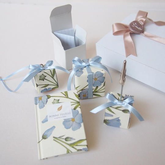 【青い花セット①】ラッピング豆本＋メモスタンド＋レジュメボックス＋ポストカード