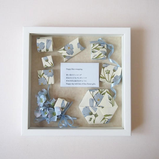 【青い花セット②】ラッピングアートフレーム＋ラッピング豆本＋メモスタンド＋ポストカード