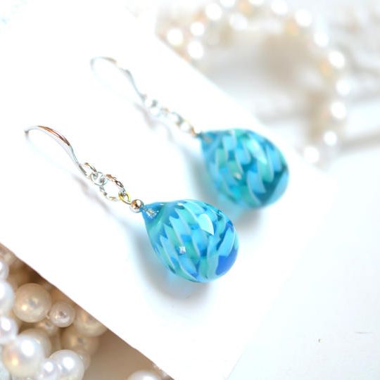 【一点物】ブルーグリーン＊レース模様ピアス・イヤリング（シルバーカラー） 22