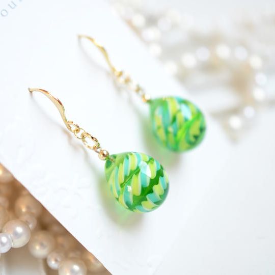 【一点物】イエローグリーン＊レース模様ピアス・イヤリング 26