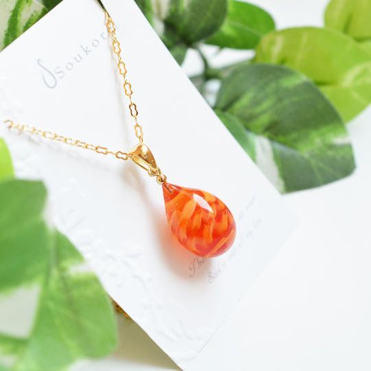 【一点物】オレンジレッド＊レース模様ネックレス 27