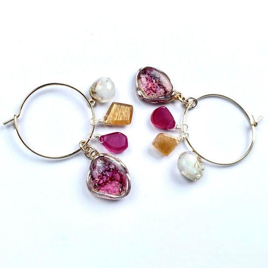 アルコールインクアート×ルビー×ムーンストーン　フープピアス・イヤリング