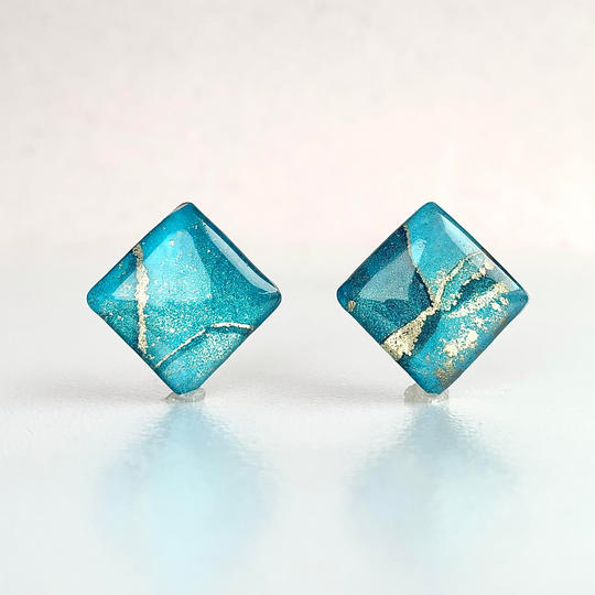 『ピーコックブルー』アルコールインクアート　スクエアタイプ　ピアス・イヤリング