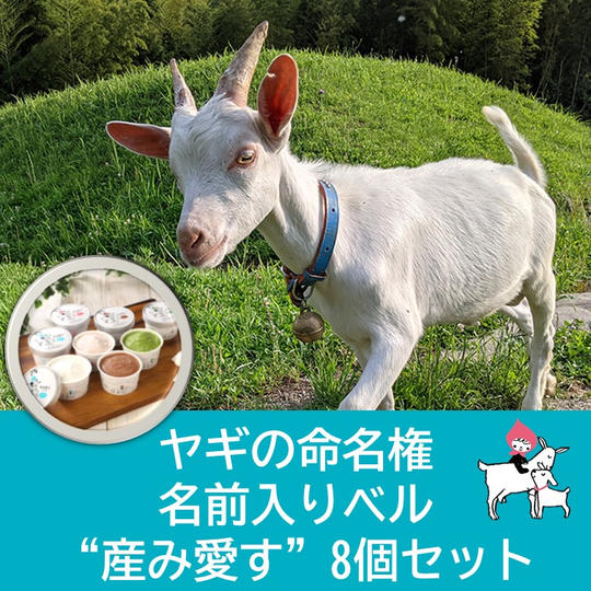 遠方からの応援も可能！ヤギのメェ～メェ～（命名）権+命名した名前入りベル+やぎみるくアイス“産み愛す”8個セット