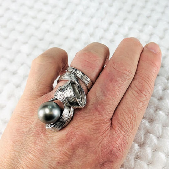 シルバー南洋バロックグレー玉フリーサイズリングFPR50