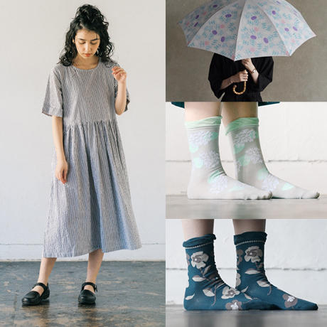 コットンストライプワンピースと竹の傘グレーと靴下2足セット＊通常