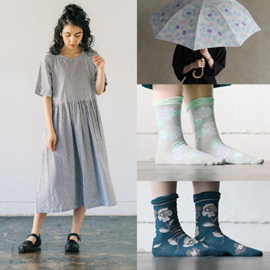 コットンストライプワンピースと竹の傘グレーと靴下２足セット＊通常よりも2650円お得！