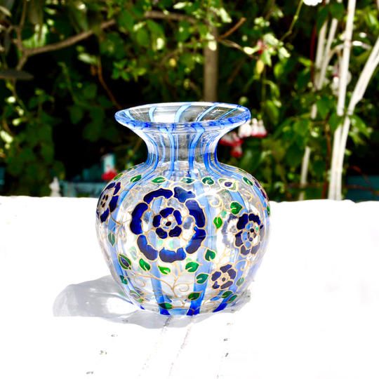 【限定2作品のみ】ストライプ丸型花瓶“青いレース薔薇”　