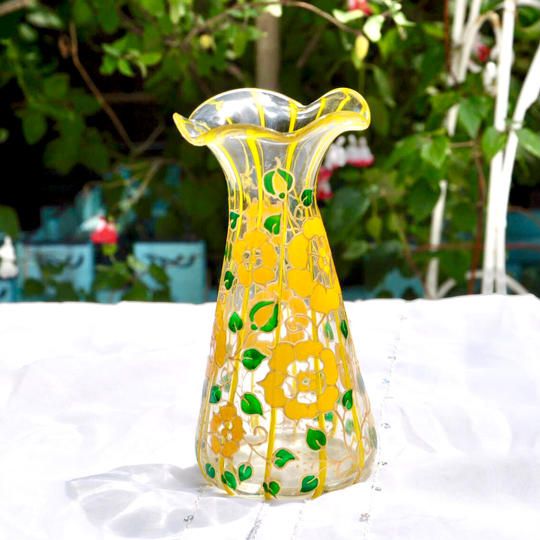 【限定４作品のみ】ストライプフレアー花瓶“レース薔薇”　黄