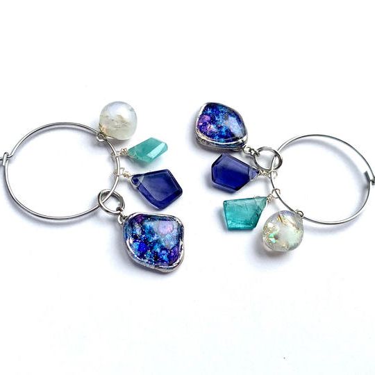 アルコールインクアート×アイオライト×グランディディエライト　フープピアス・イヤリング