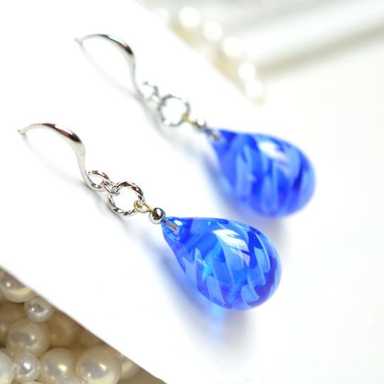 【一点物】マリン×ロイヤルブルー＊レース模様ピアスorイヤリング 30B