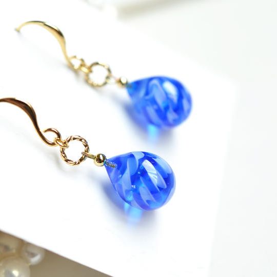 【一点物】マリン×ロイヤルブルー＊レース模様ピアスorイヤリング（こつぶ） 31