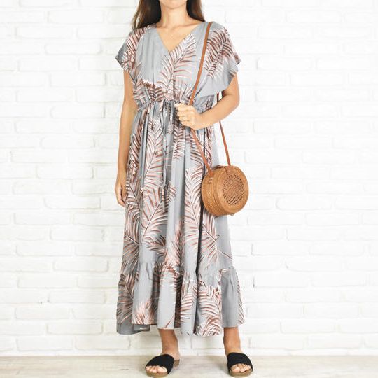 【新色】ヤシの葉柄フリルワンピース