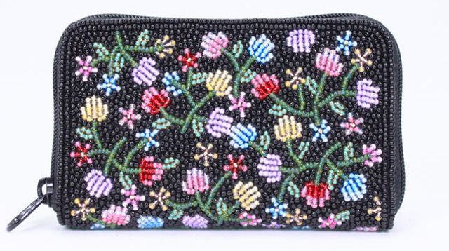 カスタムオーダーメイドビーズ刺繍小財布（ベリー柄・黒） - (一粒の