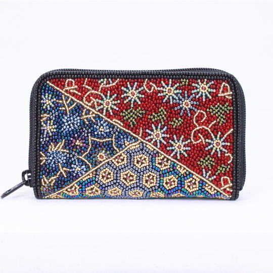 カスタムオーダーメイドビーズ刺繍小財布(赤帯柄・裂取り文)