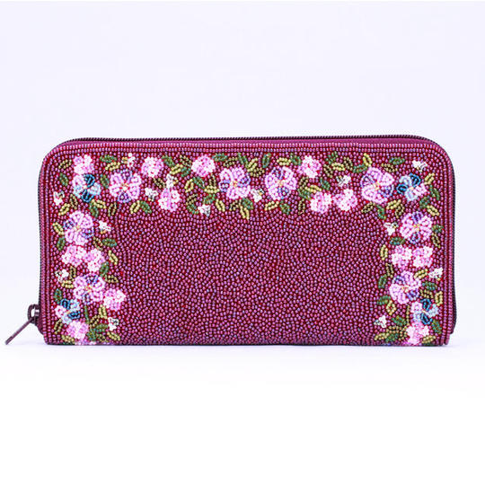 カスタムオーダーメイドビーズ刺繍長財布(パープル柄・ワイン)
