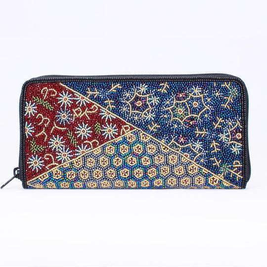 カスタムオーダーメイドビーズ刺繍長財布(赤帯柄・裂取り文)