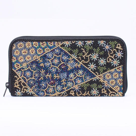 カスタムオーダーメイドビーズ刺繍長財布(黒帯柄・裂取り文)