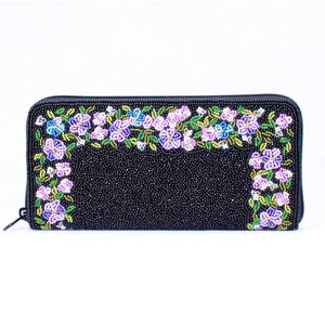 ビーズ刺繍長財布（パープル柄・黒）