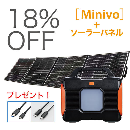 【セット特割】《Minivo & ソーラーパネル》+ 2タイプのUSBケーブルをプレゼント!