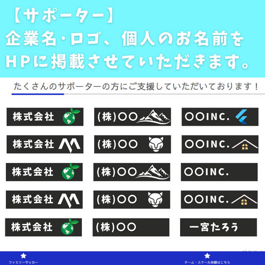 【サポーター】ご支援いただきました企業・個人の方のお名前・企業ロゴをHPにご掲載いたします。