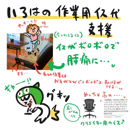 ただただ支援②（腰痛がひどいのでクリエイター用イスを支援）