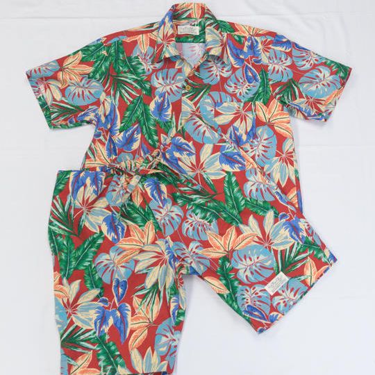 【サッカー生地綿100% レッド】南房総アロハセットアップ