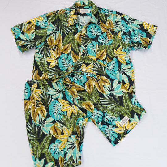 【サッカー生地綿100%、ブラック】南房総アロハセットアップ