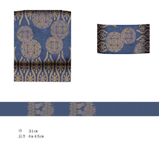 袋帯（紺色狩衣と同じ唐松立涌に八藤紋長絹地で制作）
