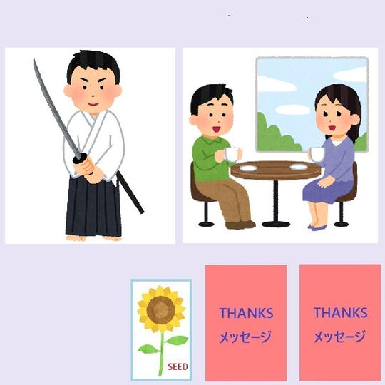 抜刀道・日高健治氏の指導＋レガッタ倶楽部レストランのソフトドリンク券＋２人からのお礼メッセージ＋ウクライナ産ひまわりの種