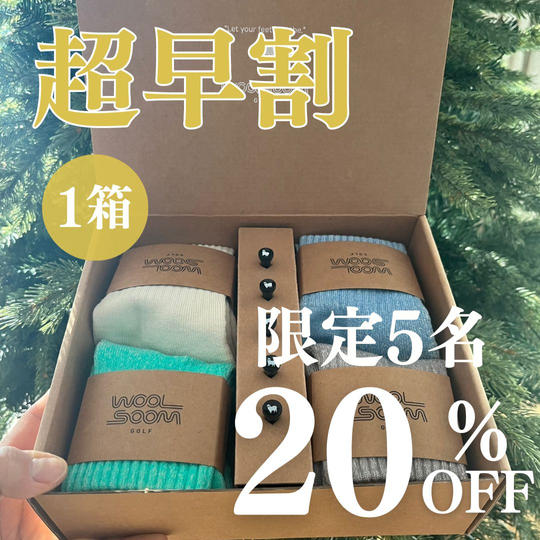 【超早割】20％OFF　WOOLSOOM GOLF メリノウールSOCKS×1箱（4足+ティー5本入） 「限定5名」