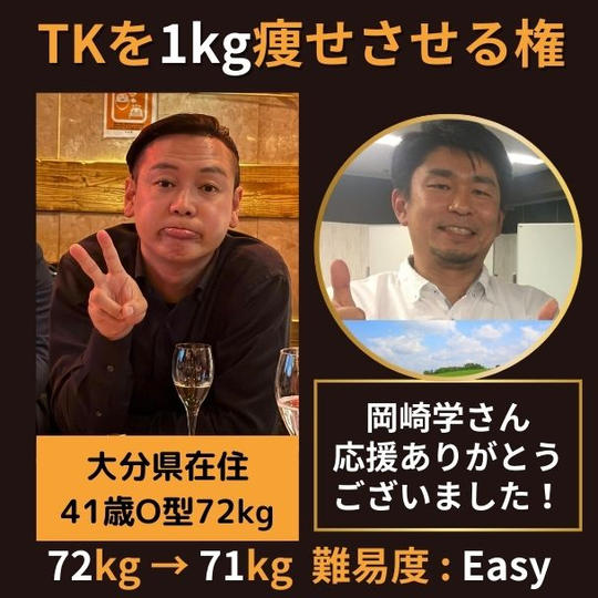 他者貢献TK髙橋を1kg痩せさせる権 72kg→71kg【難易度:Easy】