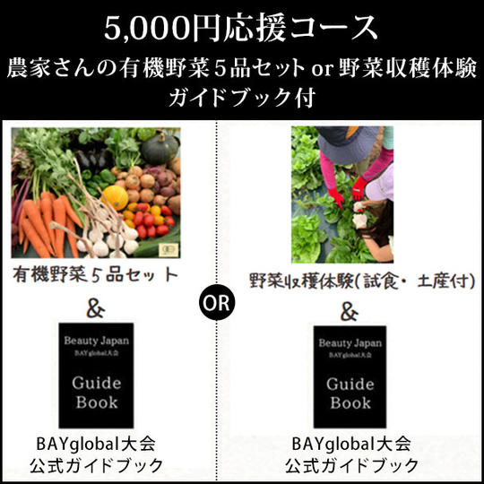 5,000円応援コース◆農家さんの有機野菜5品セットor野菜収穫体験(野菜の試食と加工品のお土産つき)※ガイドブック付