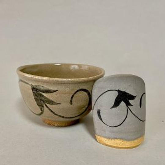 【矢野直人作 拙蔵古唐津写たこ焼き碗１客(花唐草文)＋陶片煎餅3枚】