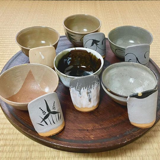 【矢野直人作 光明寺蔵古唐津写たこ焼き碗(薄茶碗にも)６客セットと陶片煎餅6枚】