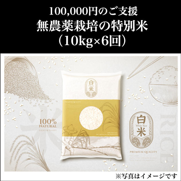 ⑧ 100,000円：無農薬栽培の特別米（10kg×6回）