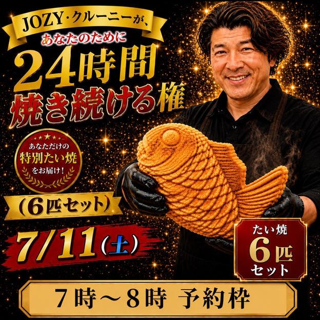 【7:00〜8:00】24時間企画でJOZY・クルーニーが焼き上げた限定たい焼 6匹セット