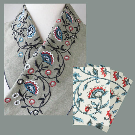 特製・vol.2　ハンドグロックプリントと同じ柄で作った刺繍半襟とポストカード3枚セット