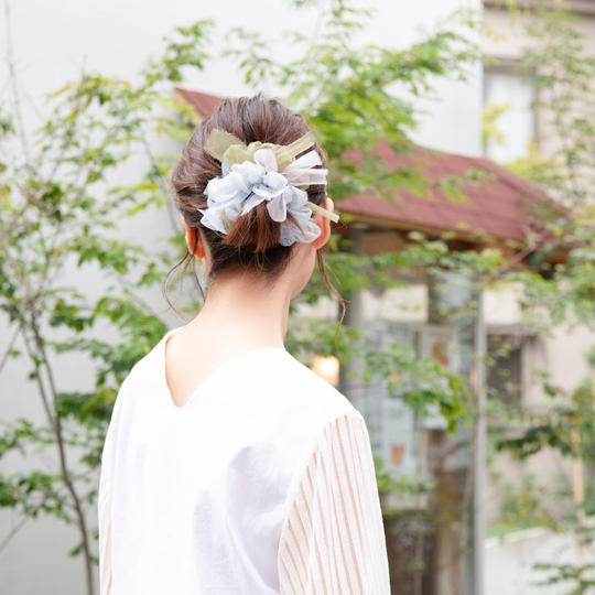 咲き編みシュシュ｜Creema SPRINGS限定「シモキタ」（レギュラーサイズ）