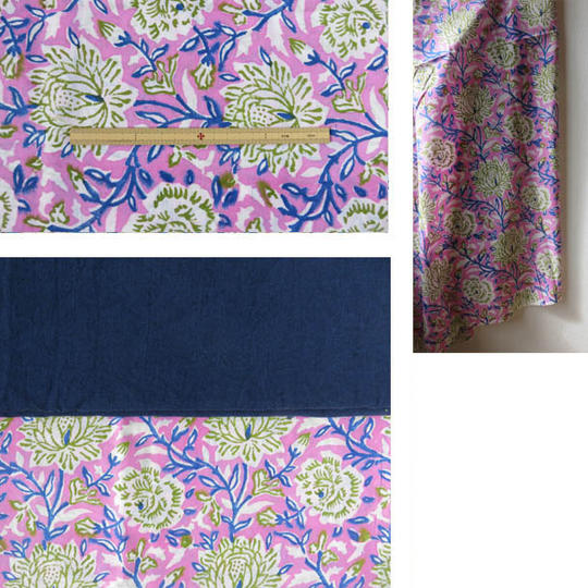 ★フルセット★ジパン(柄38)明るいピンク地に青い茎に緑輪郭の花+つけ衿+半襟+ジパンカタログ+ポストカード