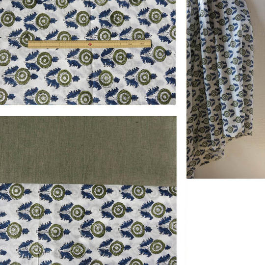 ★フルセット★ジパン(柄37)白地に規則的に並ぶ藍色の葉にオリーブ色の丸い花+つけ衿+半襟+ジパンカタログ+ポストカード