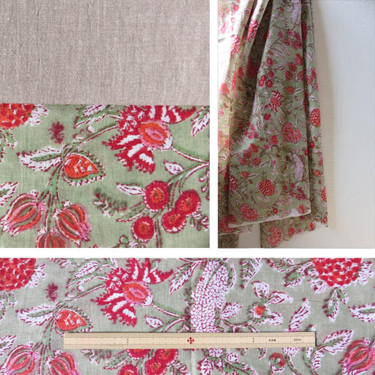 ジパン（柄56・豆色グリーン地にベリー系の花のジパン）とカタログのセットをお届けします。