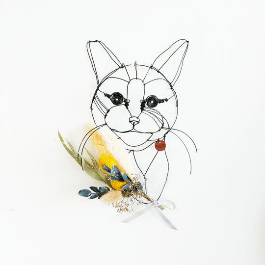  Wire Wall Art 猫と花（お花多めブーケ）