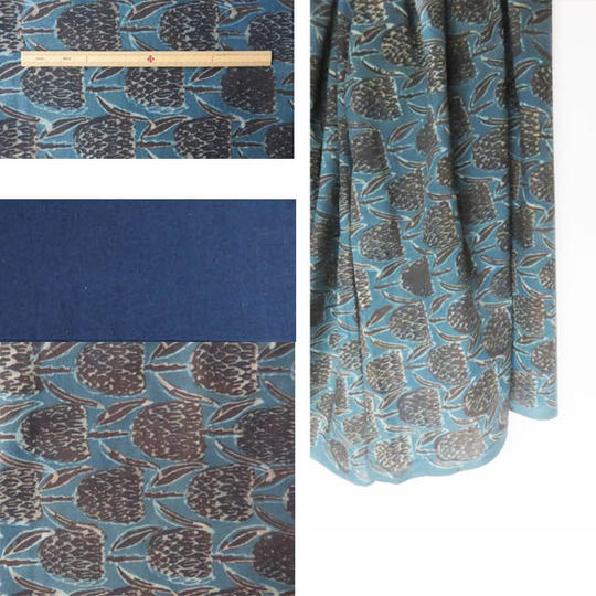 ジパン（柄85･バグル産天然染料を使った黒いチューリップ柄）とアイビーリネン綿麻布コンビ+カタログセット