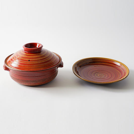 紅彩とびかんな土鍋と九寸盛皿セット