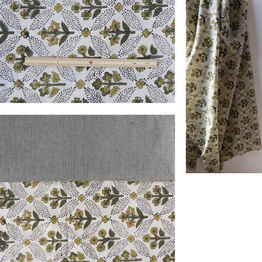 フルセット★ジパン(柄95・おみなえし色の地に黄色い花が整列する柄）と半襟、つけ衿、ポストカード、カタログ