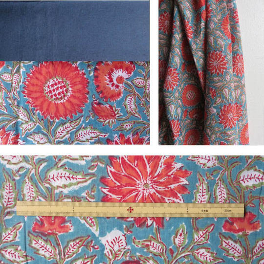 ★全部★ジパン(柄97・スモーキーな藍色地に赤い花のジパン／ネイビー）とつけ衿、半襟、ポストカード、カタログのセット